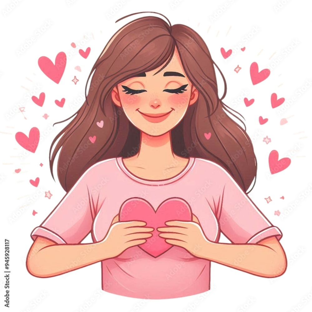 Cute Girl cartoon loving herself and smiling, holding heart cute pretty full upper body, high detail Cute Girl cartoon loving herself and smiling, holding heart cute pretty full upper body, high detail