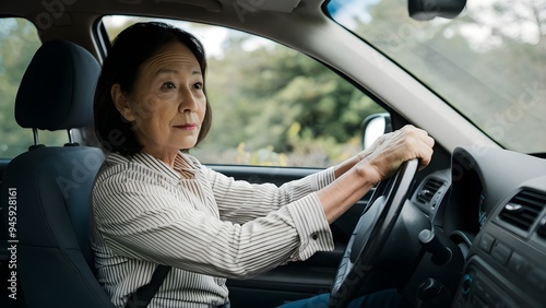 Portrait of a Middle-Aged Japanese Woman Driving Her Car with Hands on the Steering Wheel, Capturing the Essence of Modern Life and Independence photo