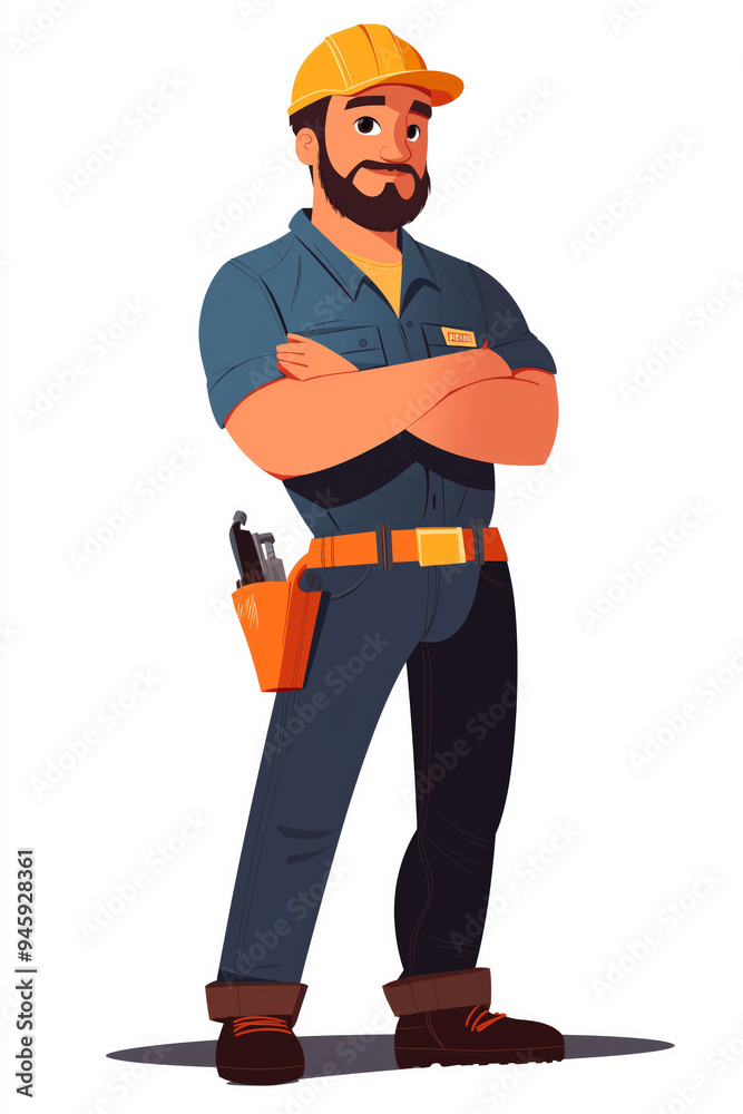 Colourful illustration of isolated foreman wearing uniform stands with arms crossed on the white background. Colourful illustration of isolated foreman wearing uniform stands with arms crossed on the white background.