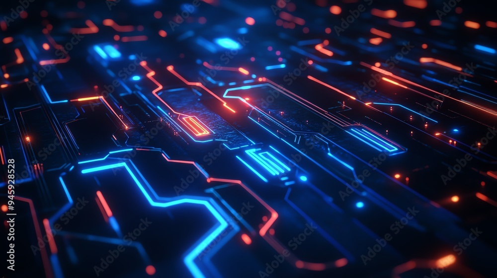 Obraz premium Abstract futuristic circuit board with glowing neon lights, showcasing vibrant blue and orange electronic patterns and technology design.