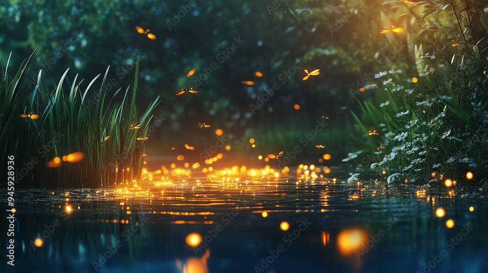 Enchanting forest scene with magical fireflies glowing over a tranquil water surface, creating a serene and mystical atmosphere.