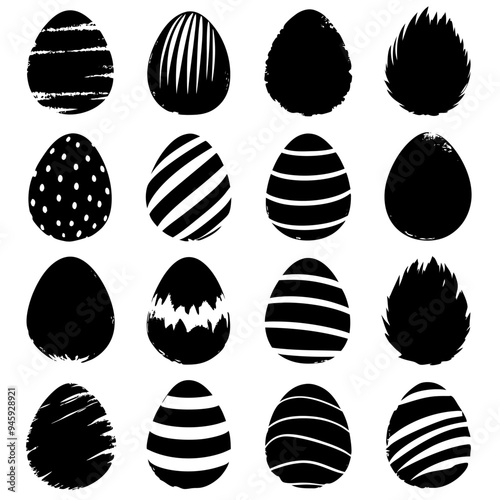 A curated set of black and white Easter eggs with intricate designs