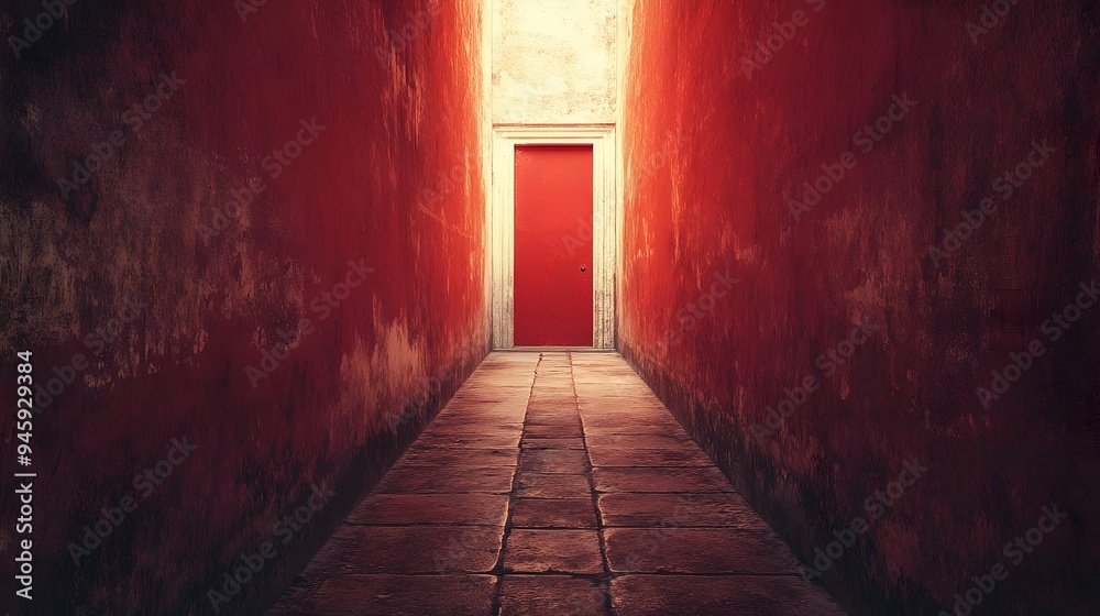 Conceptual image depicting a solitary doorway at the end of a long narrow corridor conveying a sense of transition opportunity and the potential for new discoveries or possibilities Conceptual image depicting a solitary doorway at the end of a long narrow corridor conveying a sense of transition opportunity and the potential for new discoveries or possibilities