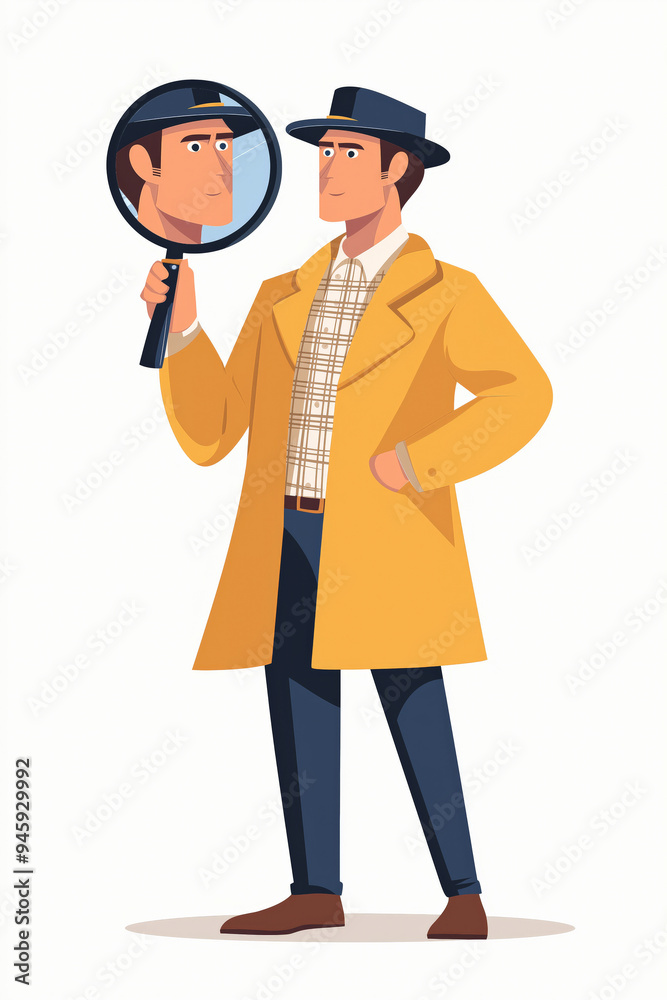 Male person narcissist wearing yellow coat and hat looks at themselves in the mirror, isolated on white background.