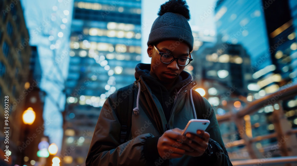 Man using smartphone on a city street at dusk. Young man in a beanie and glasses using his smartphone while walking through a city street at dusk, with lights and tall buildings in the background. Man using smartphone on a city street at dusk. Young man in a beanie and glasses using his smartphone while walking through a city street at dusk, with lights and tall buildings in the background.