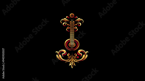 A stylized, ornate guitar in red and gold against a black background.