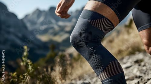 Person Wearing Compression Sleeve on Knee for Muscle Support and Recovery photo
