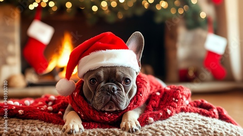 A dog in a festive Christmas setting, surrounded by holiday decorations, embodying the warmth and joy of the season. Perfect for themes of Christmas, pets, and holiday cheer photo