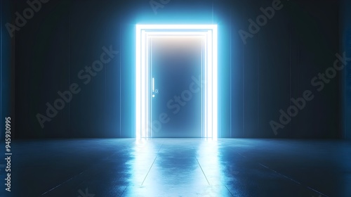 Conceptual image of a futuristic door with bright glowing LED lights showcasing a modern innovative architectural design for advanced technological spaces and smart building systems