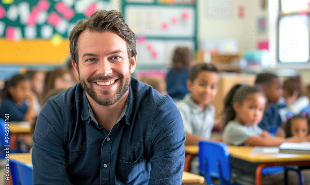 Portrait of smiling male teacher in a class at elementary school looking at camera with learning students on background copy scace --ar 5:3 --v 6 Job ID: 38233dc0-6390-426e-961f-b8b6f25a15bf Portrait of smiling male teacher in a class at elementary school looking at camera with learning students on background copy scace --ar 5:3 --v 6 Job ID: 38233dc0-6390-426e-961f-b8b6f25a15bf