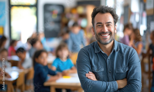 Portrait of smiling male teacher in a class at elementary school looking at camera with learning students on background copy scace --ar 5:3 --v 6 Job ID: 2013a13f-734b-474f-af76-5931fb8d662a