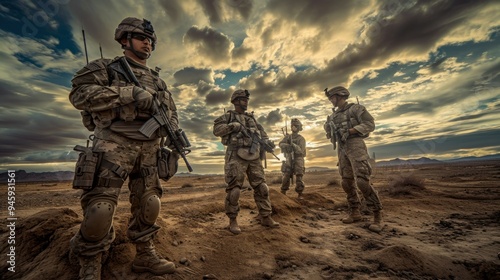 Squad of Three Fully Equipped and Armed Soldiers Standing on Hill in Desert Environment in Sunset Light