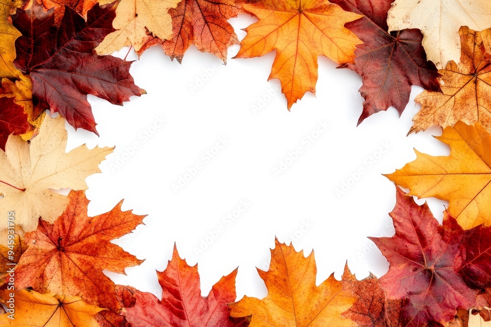 Colorful autumn leaves arranged in a frame shape on a white background, leaving space for text or a design. Colorful autumn leaves arranged in a frame shape on a white background, leaving space for text or a design.