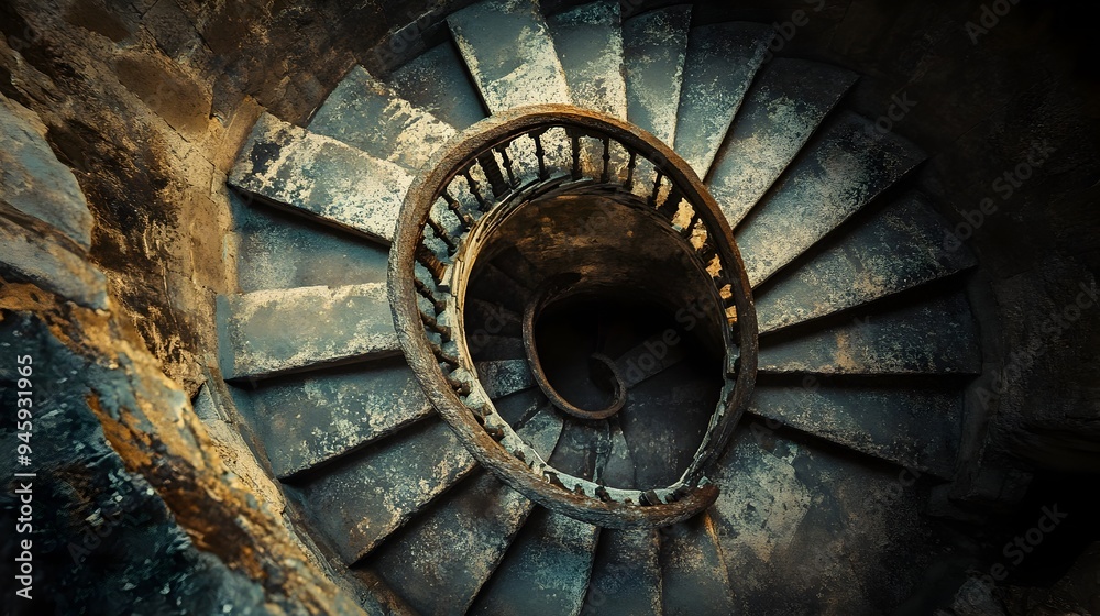 Conceptual image of a spiral staircase inside an ancient weathered tower featuring dramatic lighting and shadows that create a mysterious and ethereal atmosphere Conceptual image of a spiral staircase inside an ancient weathered tower featuring dramatic lighting and shadows that create a mysterious and ethereal atmosphere
