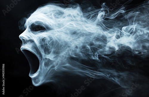 terrifying ghostly face materializes from swirling white smoke, screaming in horror