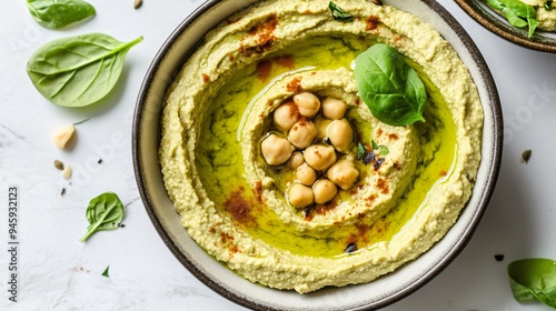 Delicious Green Hummus Bowl with Spinach on White Background