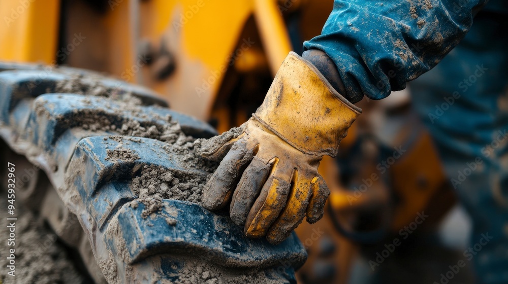 A close-up of a gloved hand inspecting a muddy tire of heavy machinery. A close-up of a gloved hand inspecting a muddy tire of heavy machinery.