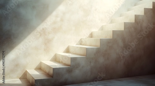 A conceptual image of a staircase bathed in soft ethereal light with a sense of tranquility and transcendence The stairs appear to ascend into a luminous hazy environment