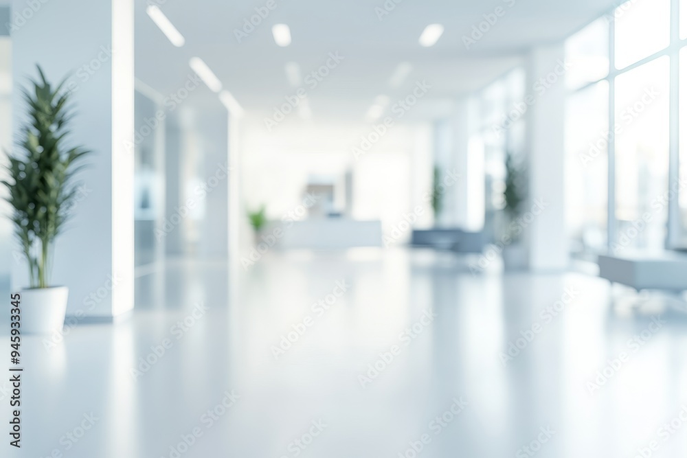 Abstract blurred background of a modern office lobby with white walls, bright lighting and a large window. Abstract blurred background of a modern office lobby with white walls, bright lighting and a large window.