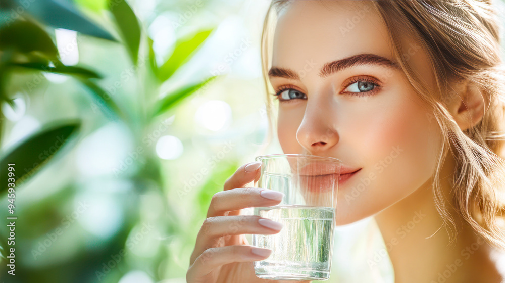 Young beautiful caucasian woman drinking pure water on green natural background. Copy space. water purification filter. Healthy lifestyle. Woman enjoys drinking clean water. Health, wellness, detox Young beautiful caucasian woman drinking pure water on green natural background. Copy space. water purification filter. Healthy lifestyle. Woman enjoys drinking clean water. Health, wellness, detox