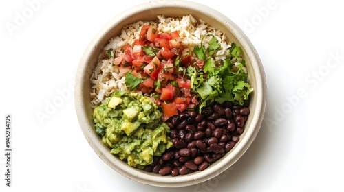 Delicious Burrito Bowl with Vibrant Ingredients on Metal Grill Against White Background