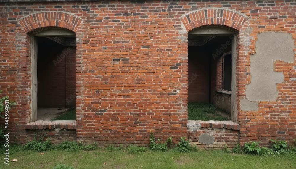 Abandoned brick building with arched doorways Abandoned brick building with arched doorways