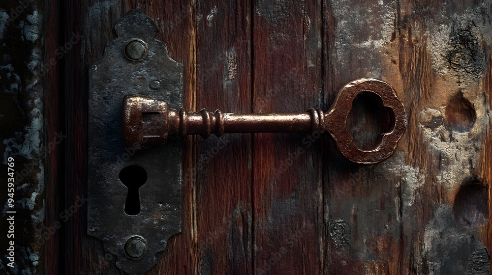 Fototapeta premium Conceptual image depicting a key unlocking a hidden door symbolizing the unlocking of new opportunities breakthroughs and growth The image provides copy space for text overlay
