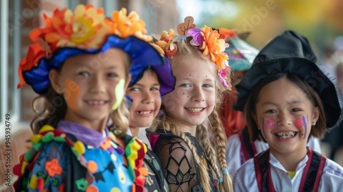 Portraits of cute smiling children dressed in Halloween costumes