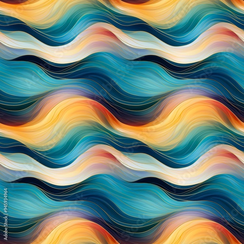 Abstract colourful seamless pattern with waves in blue, yellow, orange and white bright and vibrant colours and gold lines. Watercolour abstract art. 