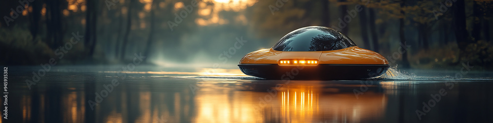 Obraz premium Futuristic Yellow Watercraft Gliding on a Serene Lake Surrounded by Pine Trees at Sunset