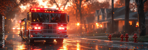 Red Fire Engine with Blazing Siren Lights on Wet Street in Serene Suburban Setting During Fall Evening Evoking Both Urgency and Beauty