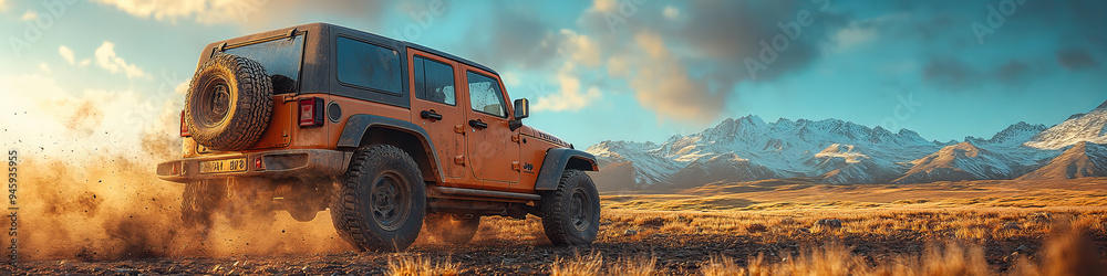 Orange Jeep in Dusty Adventure on Vast Plains with Majestic Mountains under Vibrant Sky, Reflecting Rugged Adventure Feel Orange Jeep in Dusty Adventure on Vast Plains with Majestic Mountains under Vibrant Sky, Reflecting Rugged Adventure Feel