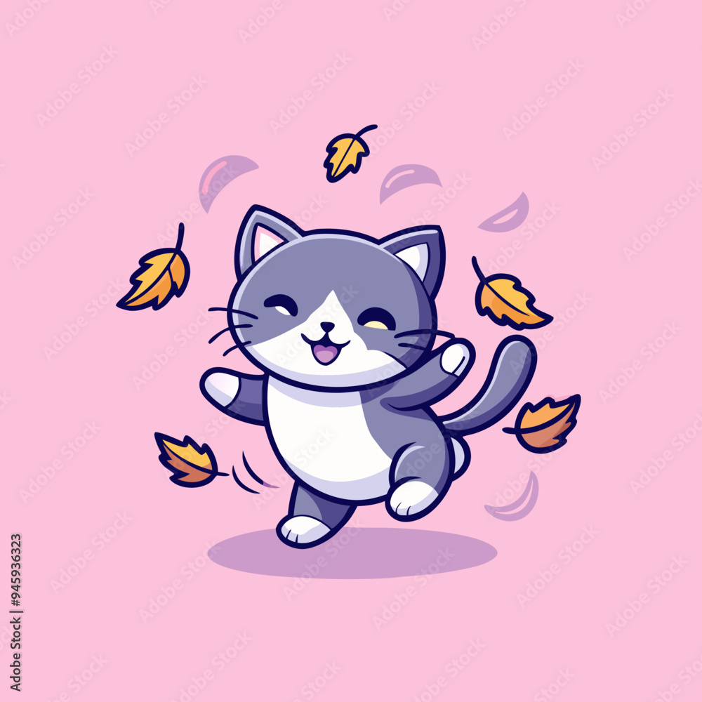 Happy Cartoon Kitten Playing with Autumn Leaves on Pink Background Happy Cartoon Kitten Playing with Autumn Leaves on Pink Background