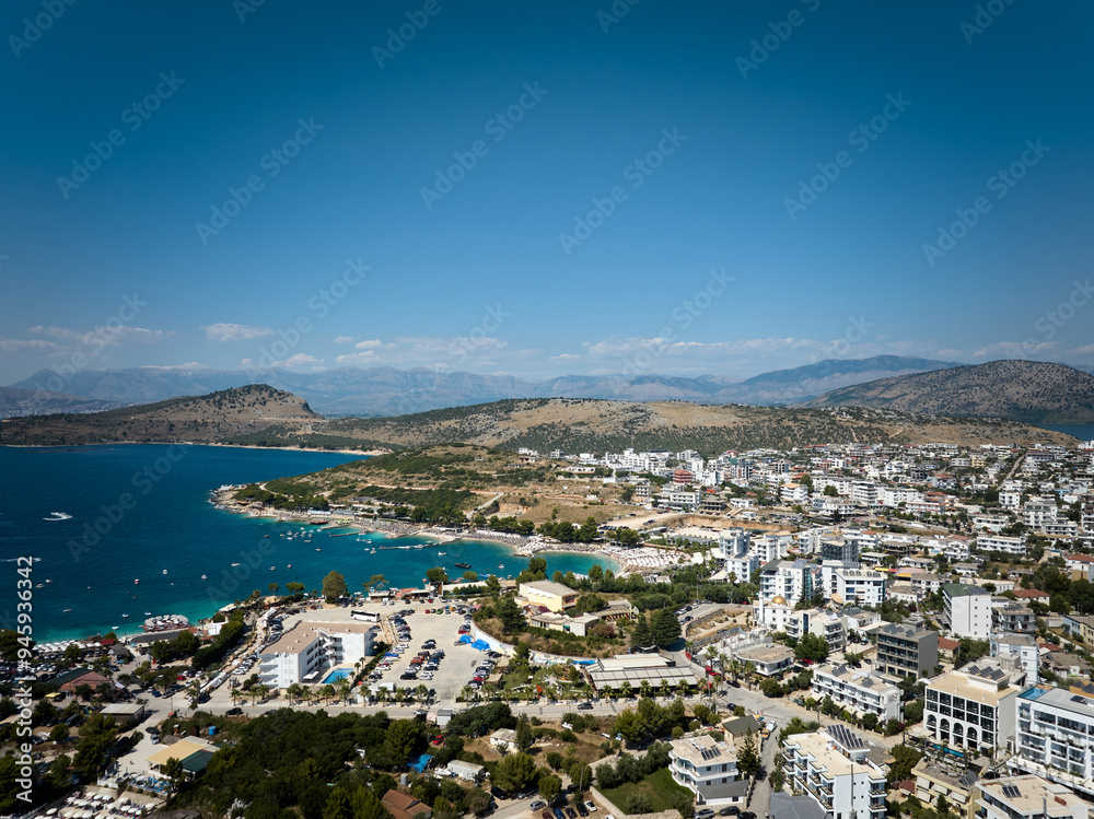 Aerial drone view of Ksamil, its beaches and beautiful turqoise sea, Sarande, Adriatic Sea, Albania. Aerial drone view of Ksamil, its beaches and beautiful turqoise sea, Sarande, Adriatic Sea, Albania.