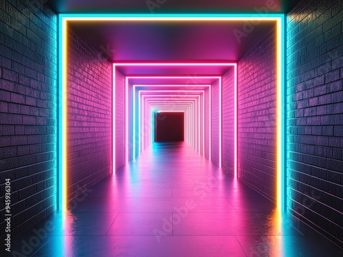 A dark corridor illuminated with neon-colored lights