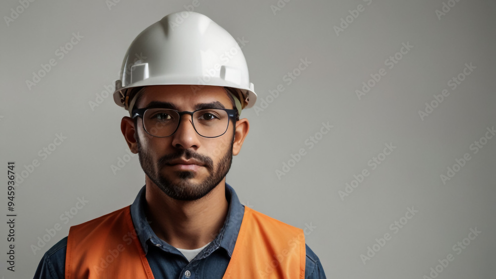 A worker portrait with white helmet on white background Happy labor day celebration A Labor with copy space background banner A worker portrait with white helmet on white background Happy labor day celebration A Labor with copy space background banner