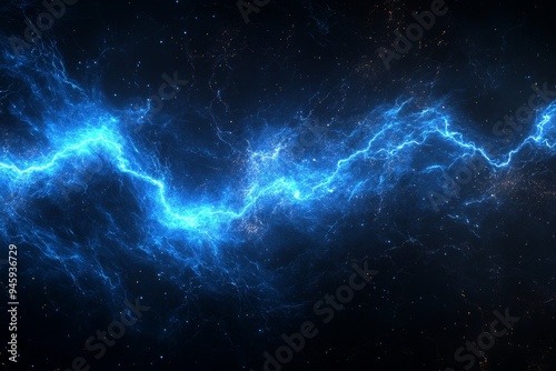 Abstract blue lightning strikes on dark background. photo