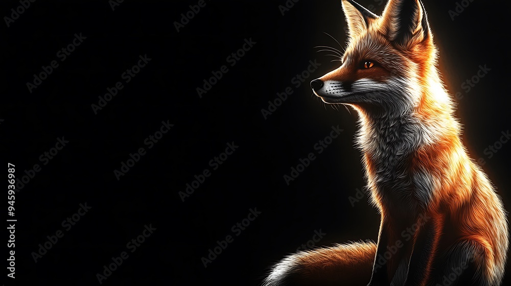 Naklejka premium A Red Fox Sitting in Darkness with its Head Turned to the Right