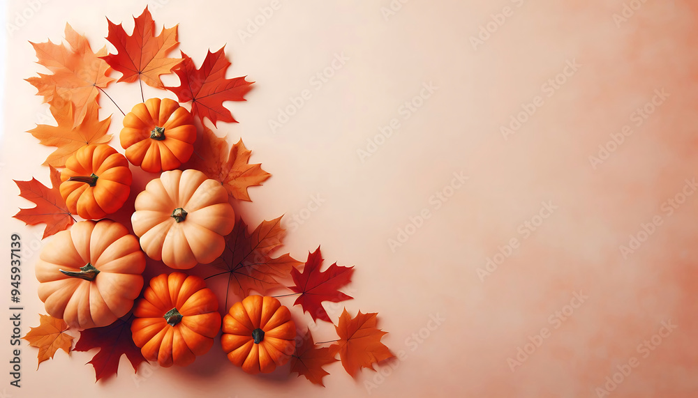 A collection of small orange pumpkins arranged on a soft beige background autumn leaves in shades of orange and brown A collection of small orange pumpkins arranged on a soft beige background autumn leaves in shades of orange and brown