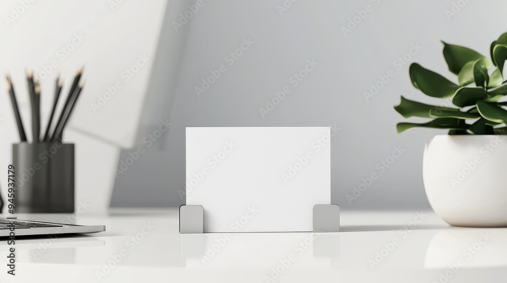 A clean, simple business card mock-up displayed in a holder on a minimalist desk A clean, simple business card mock-up displayed in a holder on a minimalist desk
