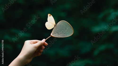 A hand holding a delicate butterfly net, ready to catch a fleeting moment
