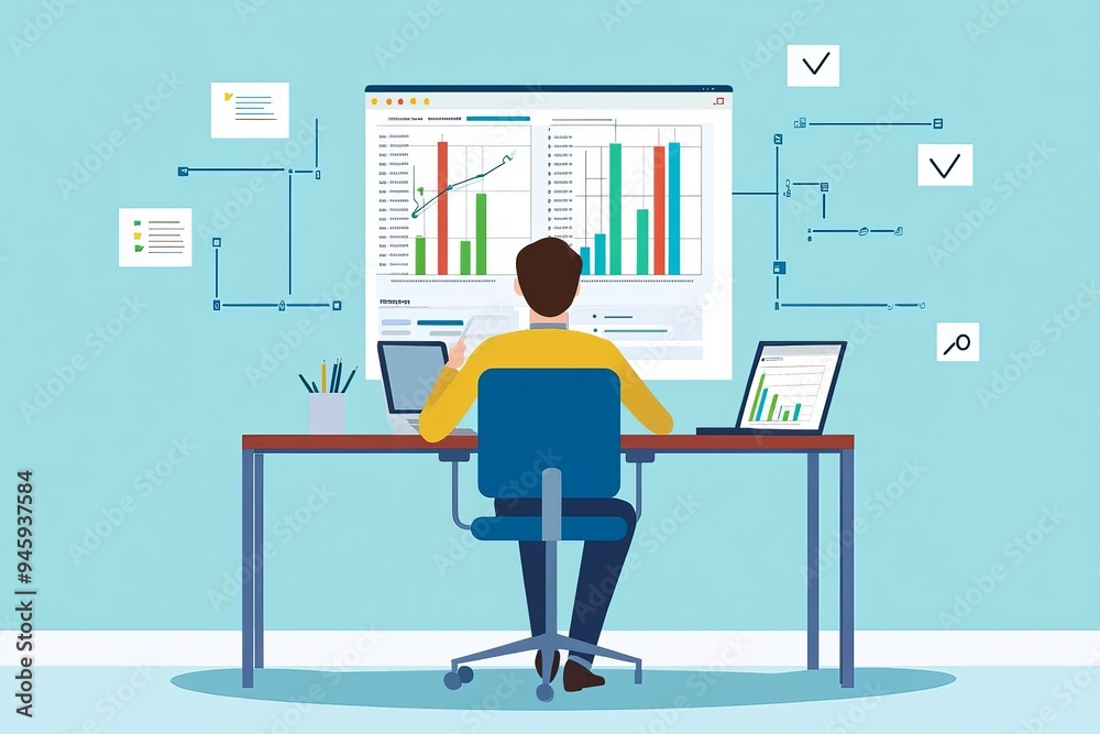 A businessman sits at his desk analyzing data on his computer. He is looking at a large screen with graphs and charts. A businessman sits at his desk analyzing data on his computer. He is looking at a large screen with graphs and charts.