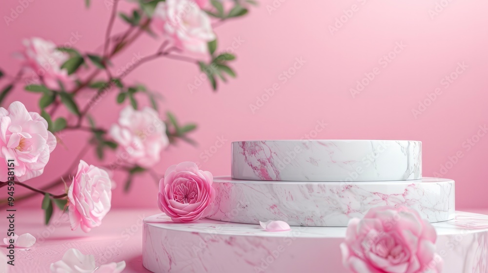 Marble stand, pedestal, podium for cosmetics, advertising and product presentation with delicate rose flowers on plain pink background. Minimalistic mockup for your design Marble stand, pedestal, podium for cosmetics, advertising and product presentation with delicate rose flowers on plain pink background. Minimalistic mockup for your design