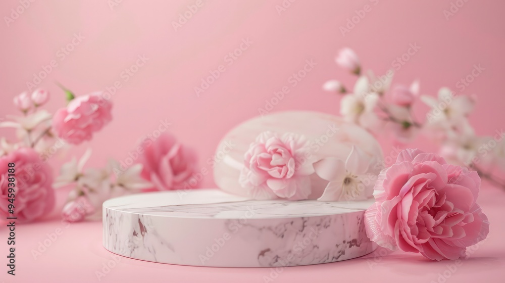 Marble stand, pedestal, podium for cosmetics, advertising and product presentation with delicate rose flowers on plain pink background. Minimalistic mockup for your design