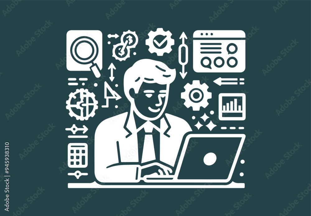 Businessman working on his Computer with business icon & symbol Businessman working on his Computer with business icon & symbol