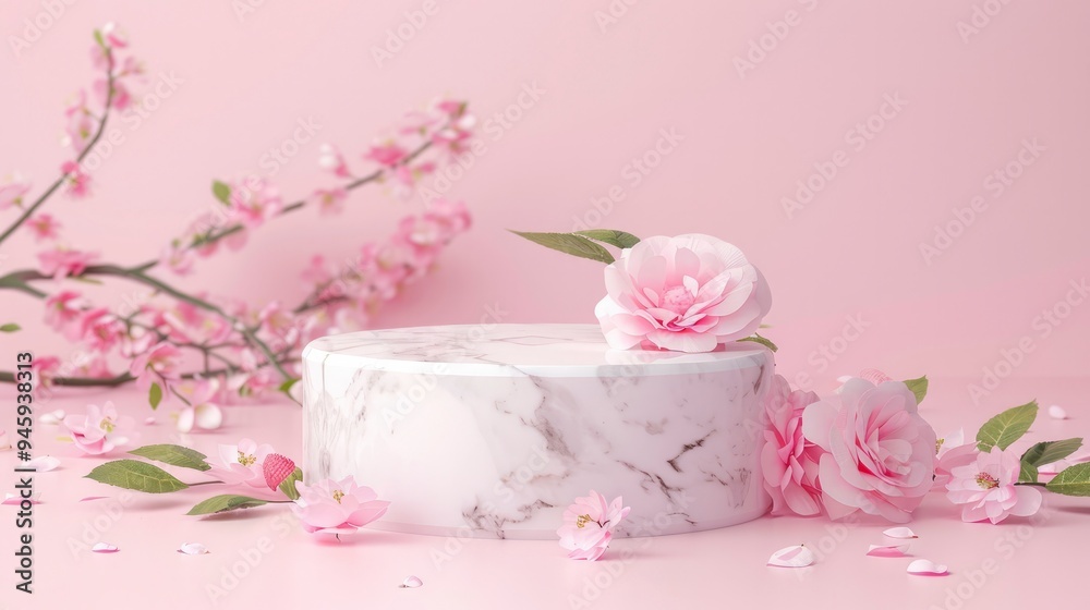 Marble stand, pedestal, podium for cosmetics, advertising and product presentation with delicate rose flowers on plain pink background. Minimalistic mockup for your design Marble stand, pedestal, podium for cosmetics, advertising and product presentation with delicate rose flowers on plain pink background. Minimalistic mockup for your design
