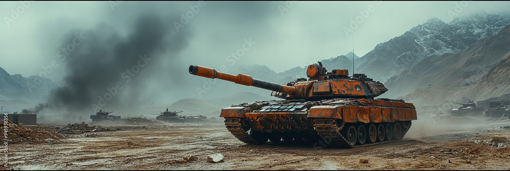 Armored military tank in battleground amidst rugged mountains and smoke ...
