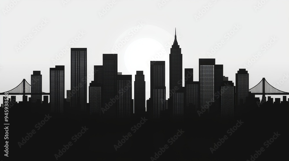 Fototapeta premium A monochrome cityscape silhouette with skyscrapers and bridges, ideal for an urban-inspired wallpaper background