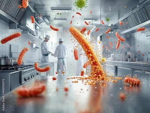 A health and safety poster showing examples of cross contamination in a kitchen, with bacteria visibly multiplying and leading to infection, stressing the importance of cleanliness