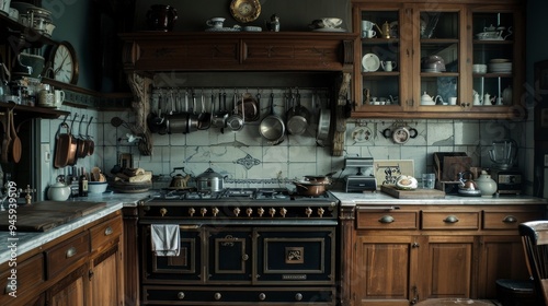 A vintage kitchen filled with utensils, pots, and a classic stove, evoking a cozy atmosphere.